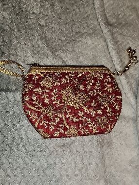 Gold-Embroidered Red Wristlet Clutch